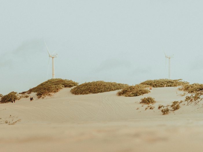 How To Find Eco-Friendly Alternatives. A photograph of sand on the beach, blue skies and 2 windmills in the distance.